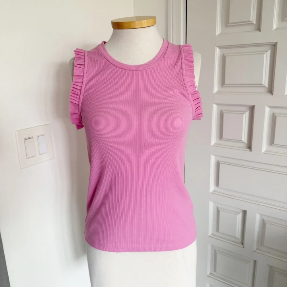 J. Crew Pink Top Ribbed Ruffle Sleeveless Cotton Blend Size Small